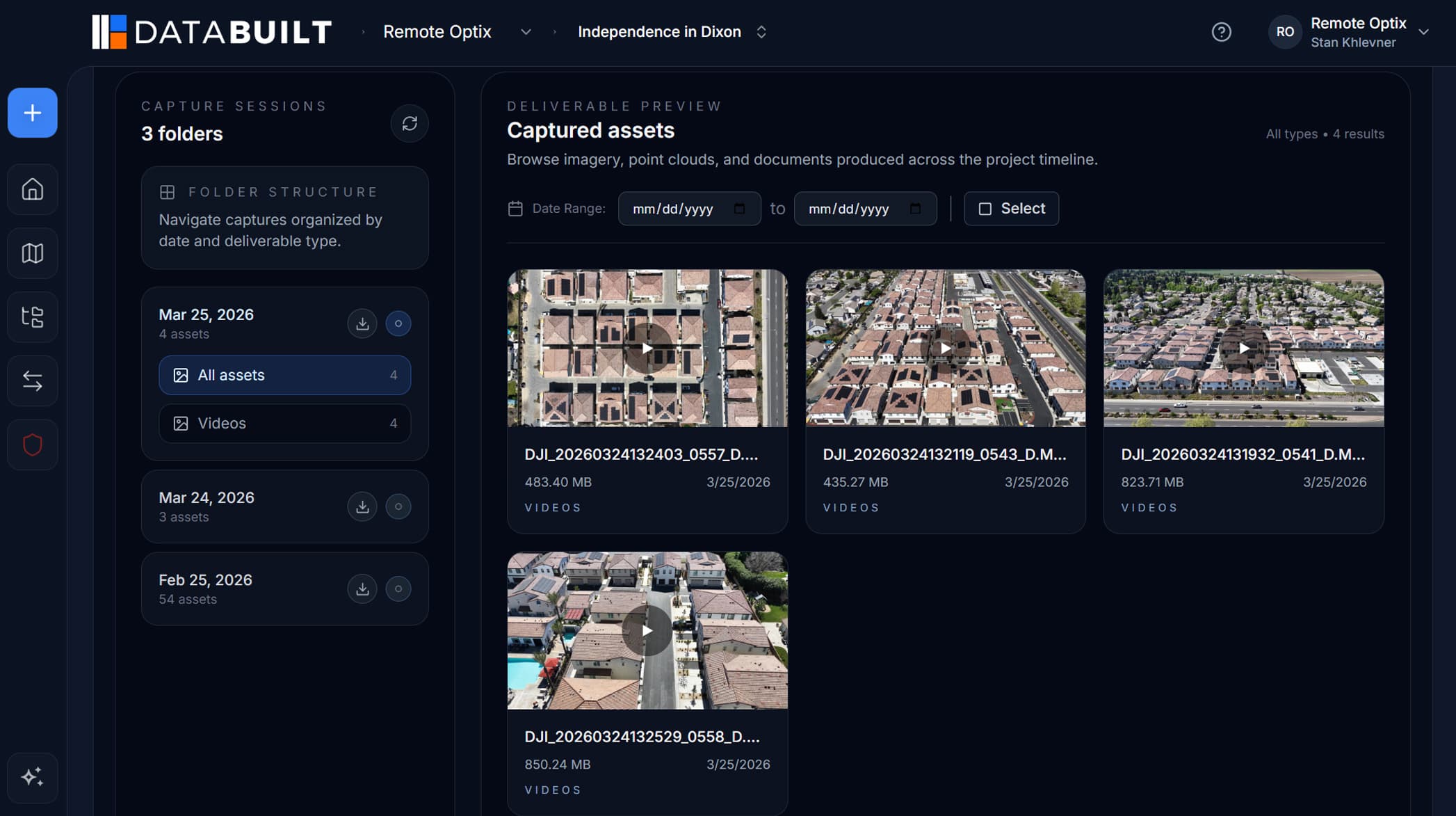 DataBuilt project workspace showing capture sessions organized in folders with drone video deliverables, file sizes, and capture dates